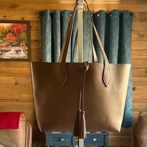 Paolino Leather Brown Tote Bag with Tassel, Made In Italy